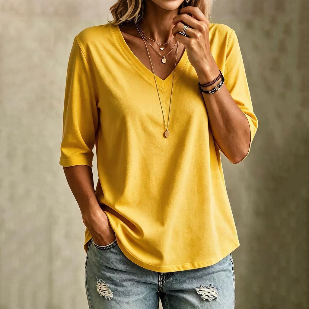 Women's V-Neck T-Shirt Short Sleeve Casual Fit Versatile