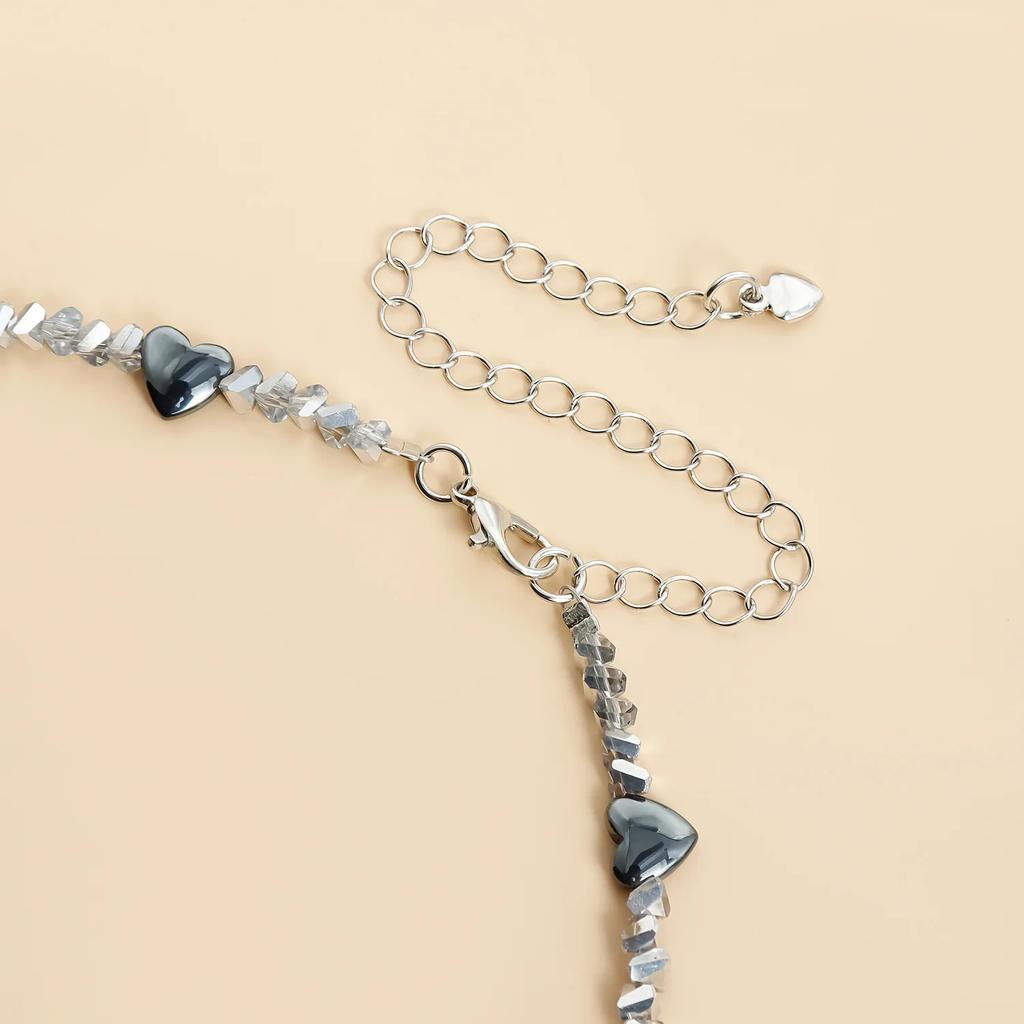 Luxury-inspired Heart Choker Black Obsidian Glass Crystals Alloy Necklace Women Stackable Elegant for Date Night