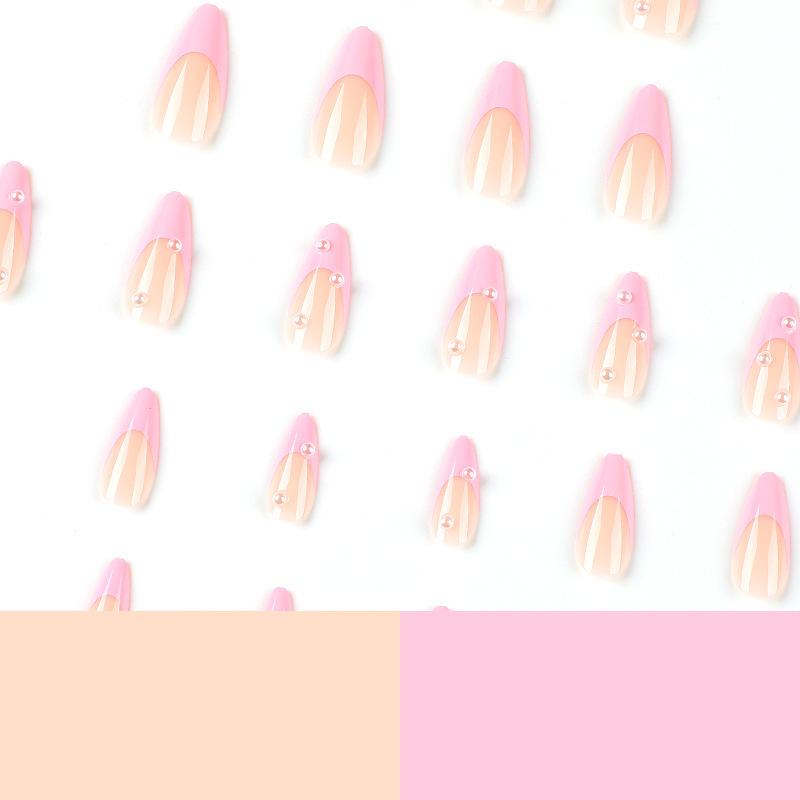 French Pink Pearl Edge Detachable Press-on Nails - Sweet & Cool Style Nail Tips (Finished Product)