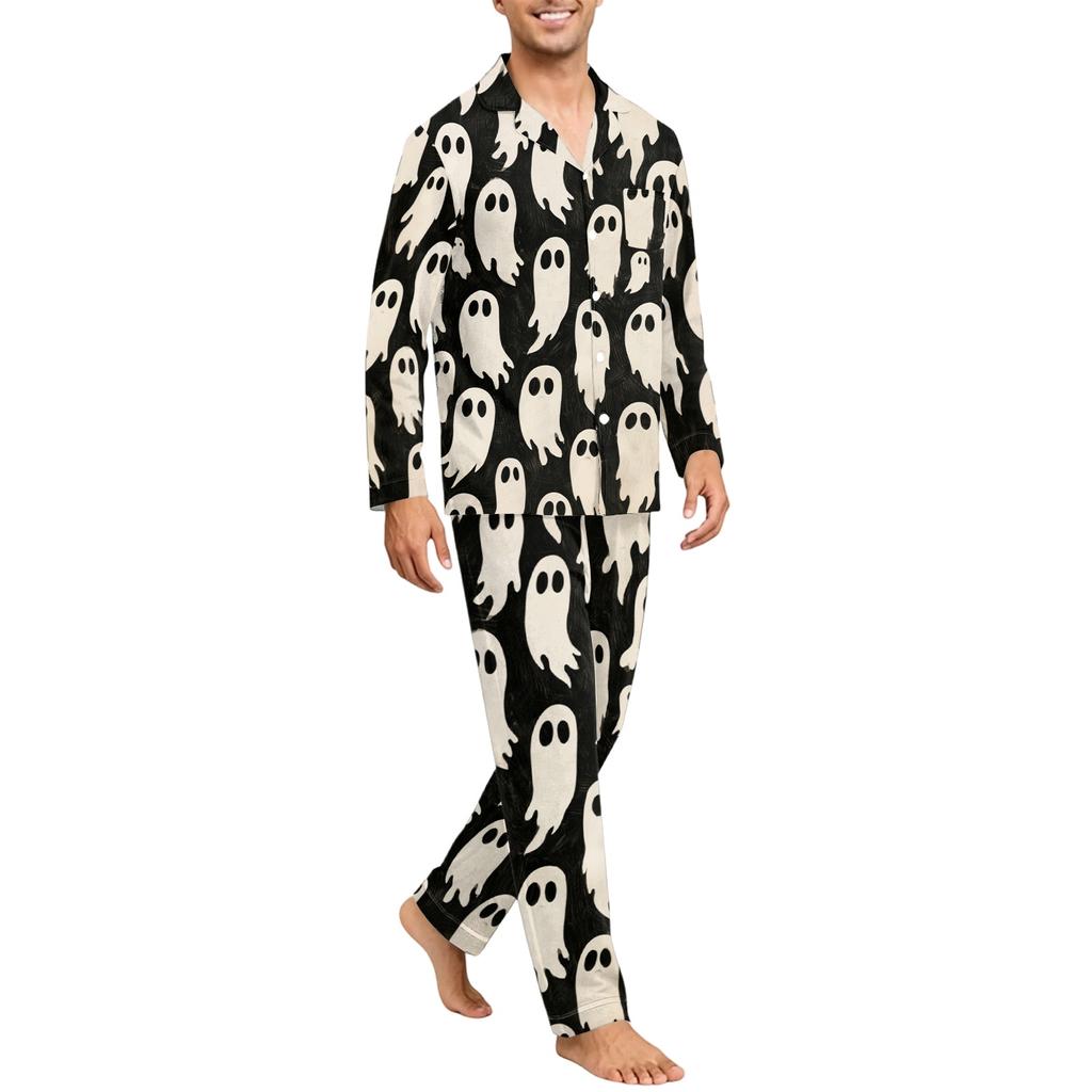 Herren Langarm Button-Down Pyjama-Set Weiche Nachtwäsche für Komfort zu Hause