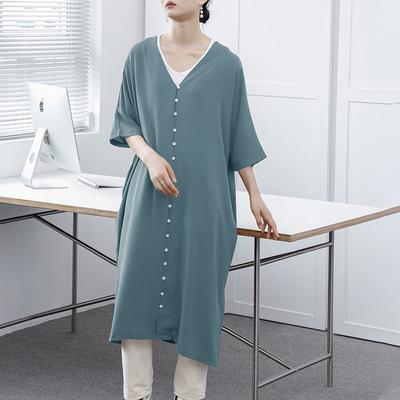 Spring and Summer Short-sleeved V-neck Loose Dress 3-color Shirt Long Dress Popular New Models