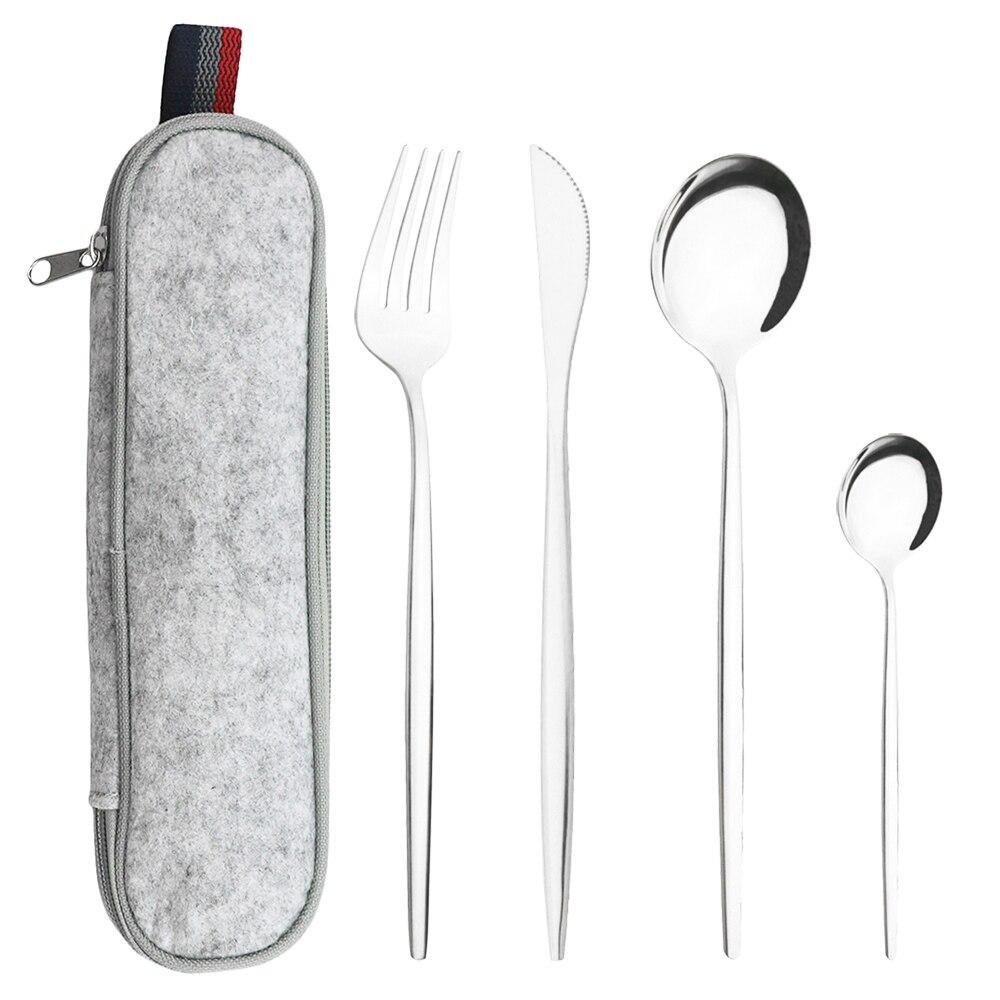 Mátově zelená zlatá sada nádobí Sada příborů na cesty, kemping, nůž, vidlička, lžíce, přenosná šedá taška, sada nádobí z nerezové oceli