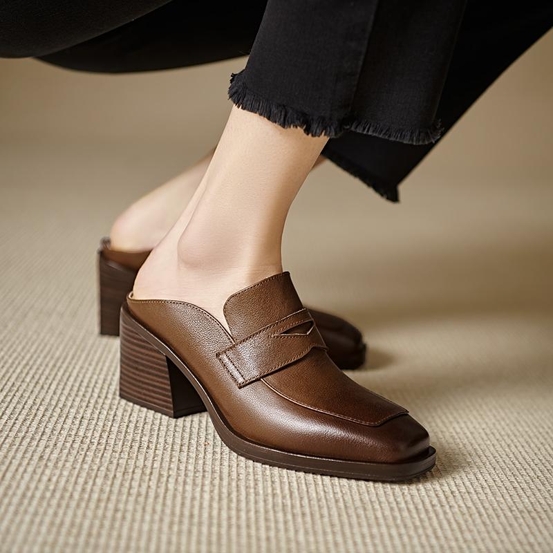 Fashion 2025 Spring Genuine Leather Shoes Women Slippers High Heels High Square Toe Mules Ladies Office Dress Shoes Slides Women Pumps
