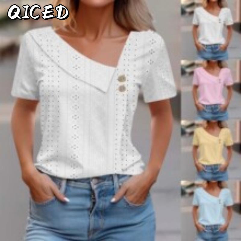 QICED Women's Fashion Casual Solid Color Print Short Sleeve Blouses & Shirts