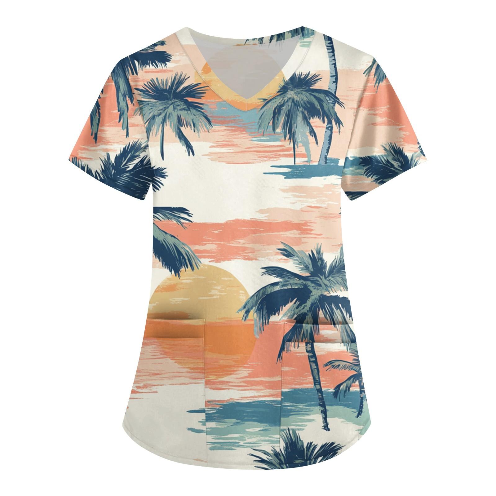 

Женская мода V-образный вырез с короткими рукавами рабочая одежда с карманом гавайский принт топ костюм для ухода XL шафрановый