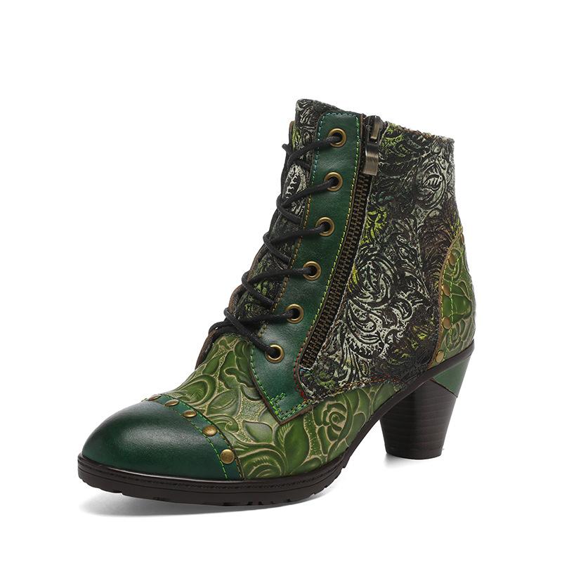 Johnature Vintage Floral Genuine Leather Patchwork Rivet Handmade High-heeled Women's Short Boots
