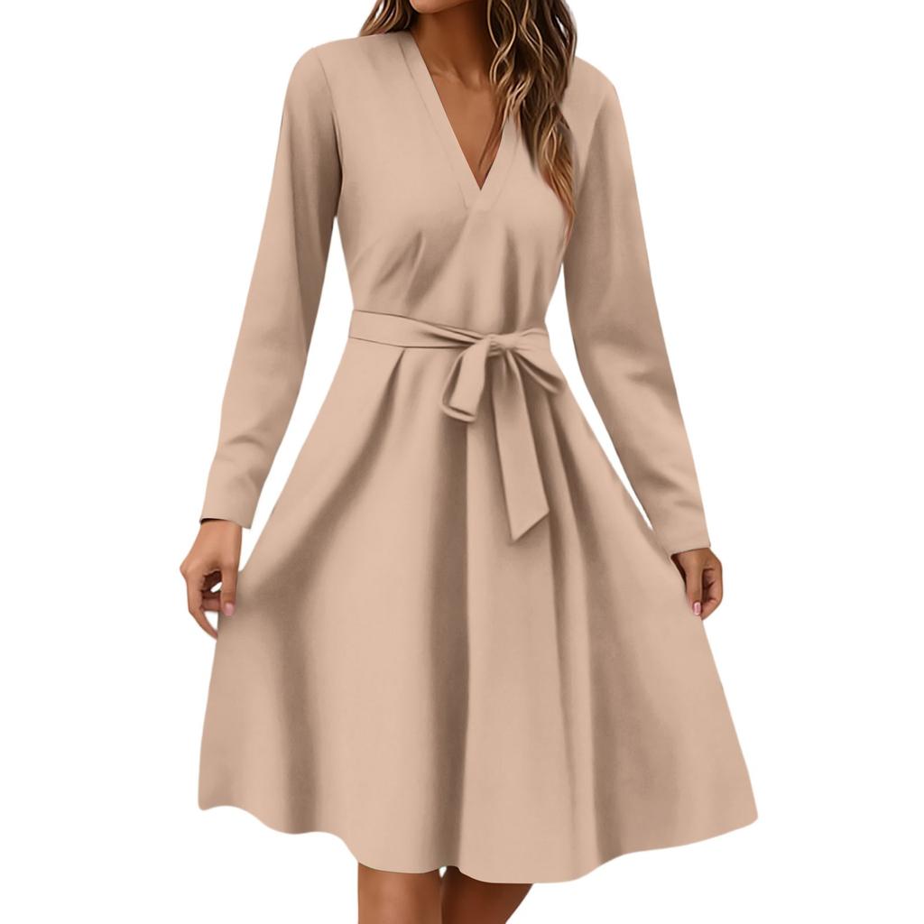 Women's Fashion Casual V-Neck Long Sleeve Waist Floral Print Midi Dress