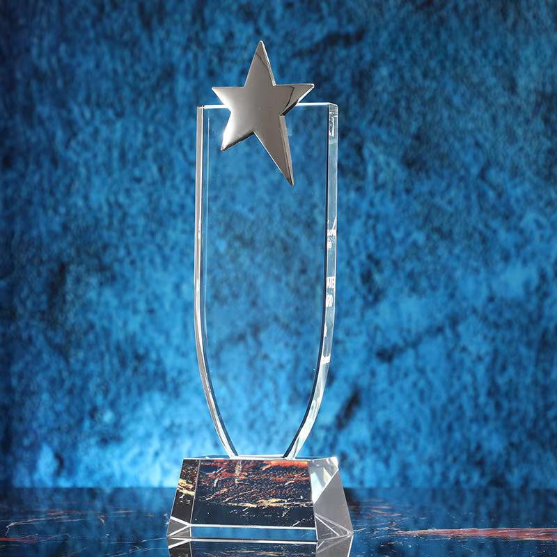 

Customized Creative Metal Medal Crystal Trophy Pentagram Gold, Silver, Copper Award, Outstanding Staff Annual Meeting Decor, 1Pc 23CM