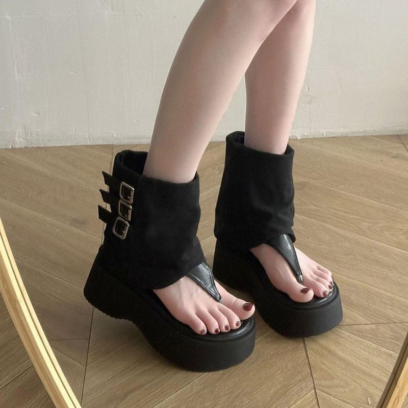 Women's Thick-soled Cool Boots 2025 New Roman Sandals Fashion Pinch Toe Cool Boots for Women Summer Peep Toe Canvas Boots Botas