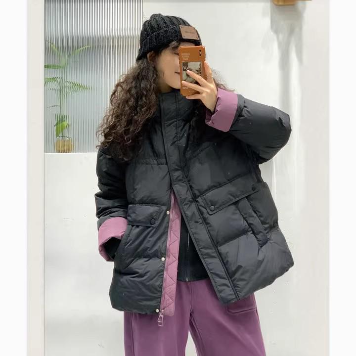 2024 Autumn/Winter European Style Mid-Length Stand Collar Color Block Duck Down Jacket for Women