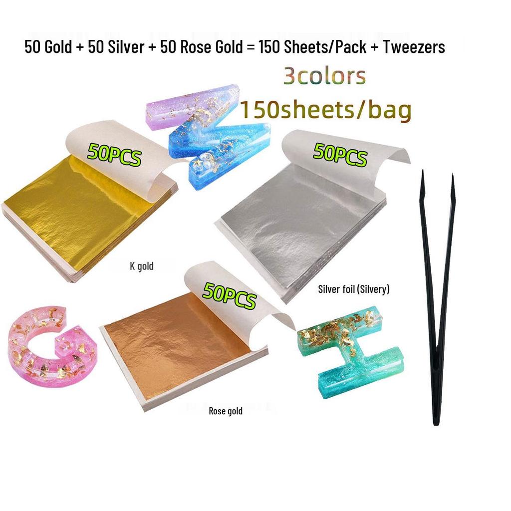 Taiwan Three-Color Imitation Gold Leaf: DIY Colored Foil Epoxy K Gold, Silver, Rose Gold Sheets (90-150/Pack)