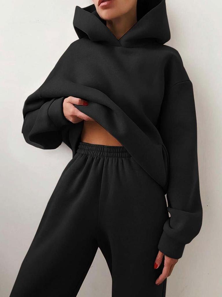 Women Elegant Solid Sets For Women Warm Hoodie Sweatshirts And Long Pant Fashion Two Piece Sets Ladies Sweatshirt Suits