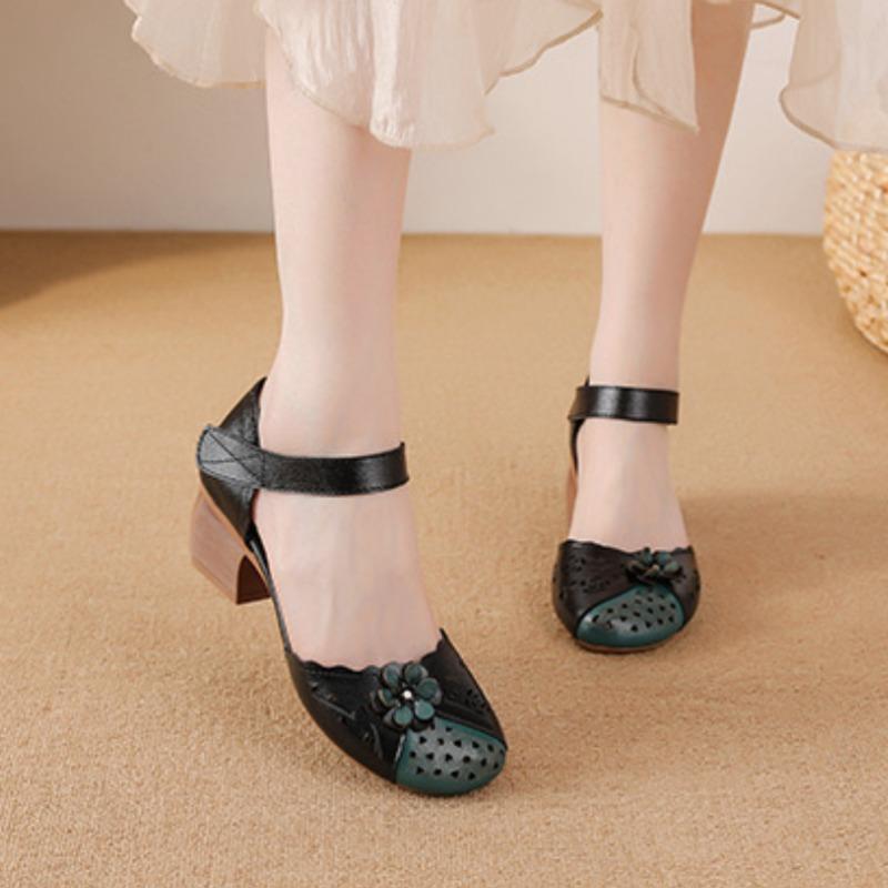 2025 Summer Genuine Leather Shoes Gladiator Sandals Women 4cm High Heels Classic Black Round Toe Hollow Ladies Sandals