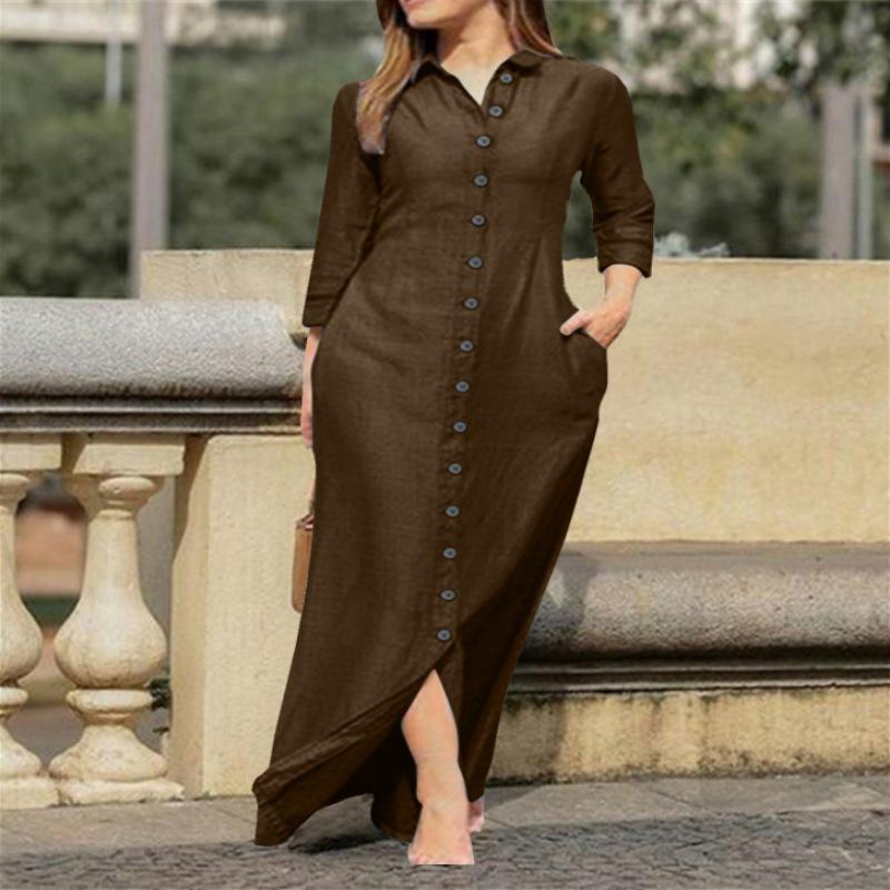Elegant European & American Women's Long Sleeve Cotton Linen Cardigan Dress