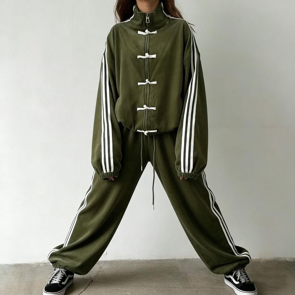 Tuta 2 Pezzi Moda 2026 con Bottone Annodato Giacca Retro con Collo Rialzato Pantaloni Larghi