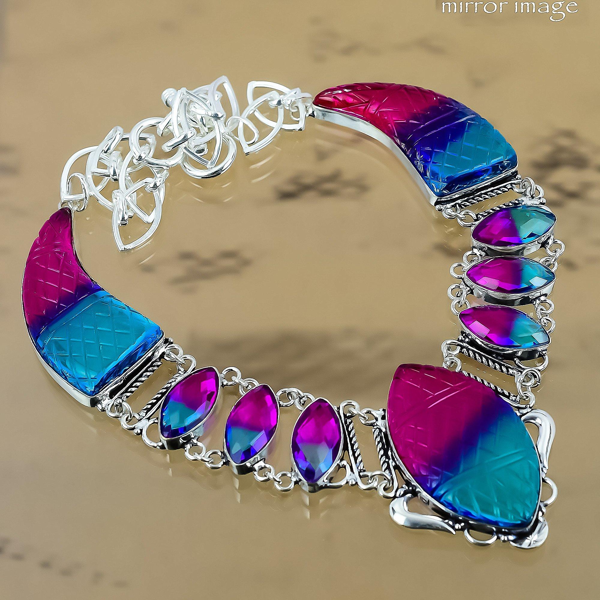 

925 Silver Natural Carved Bi-Color Tourmaline Chain Adjustable Necklace Adjustable