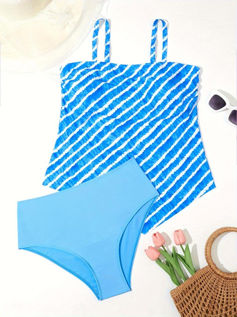 Blauer gestreifter Tankini Badeanzug in Übergröße - Konservativer Bikini mit Trägern und Bauchbedeckung