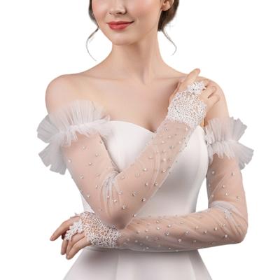 Rhinestones Gloves Wedding Dancing Sleeve Proms Party Supply Fingerless Tulle Gloves for Concert Operas