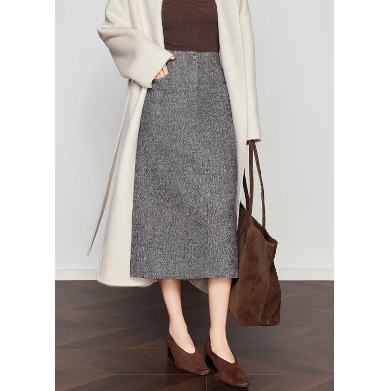 Woolen Half-Skirt: Women's 2025 Winter Brown-Gray Casual Slit Midi Skirt