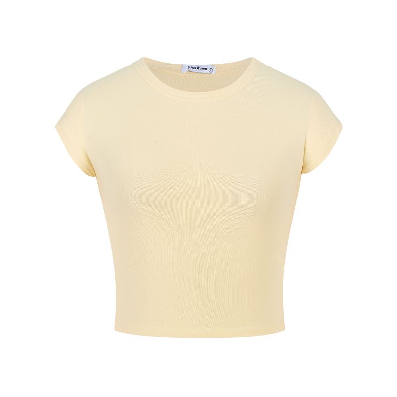 American Style Sexy Pure Desire Style round Neck Shoulder Short Sleeve T-shirt Female Summer Apricot Silm Slim Looking Short Midriff-Baring Top