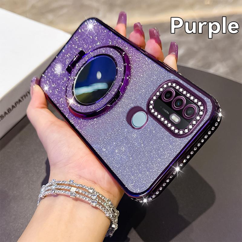 Women Girl's Diamond Make Up Mirror Phone Case For OPPO A32 A35 A38 A53 2020 A54 A57 A60 A74 Holder Plating Soft Silicone Cover