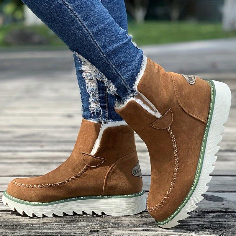 Women's Plush Lined Snow Boots, Round Toe Slip On Flat Short Boots, Winter Warm Outdoor Ankle Boots