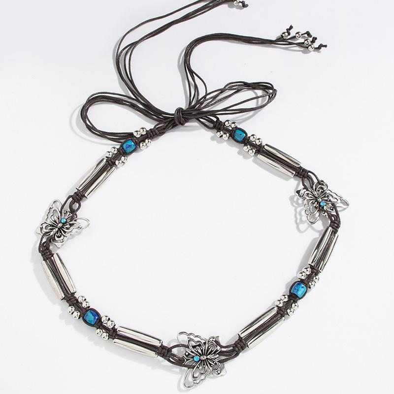 

New Boho Style Butterfly Silver Beads Weaving Knotted Ethnic Style Handmade Women s Belt Casual Vacation Style Waist Rope 175cm