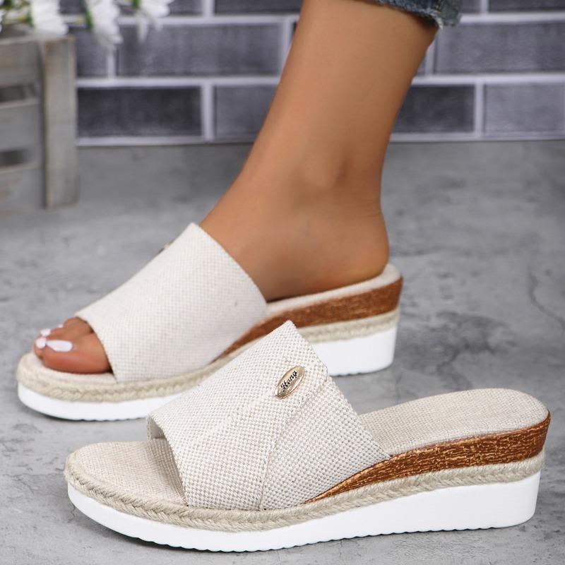 Women Canvas Wedge Slippers 2025 Summer New Fashion Elegant Peep Toe Platform Shoes Large Size Ladies Sandals Zapatos De Mujer