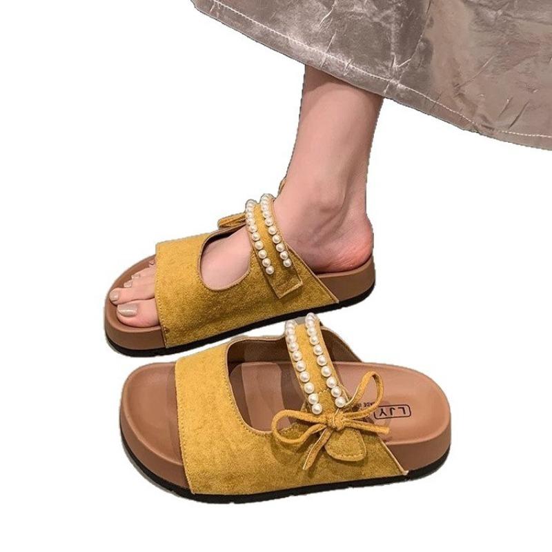 Retro thick-soled one-character pearl sandals summer new bow-tied cool slippers college style hollow slippers
