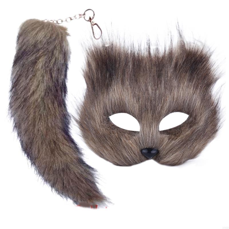 652F Therian Mask And Tail For Women Girls Fuzzy Cats Foxes Wolf Mask Tail Keychain Cosplays Halloween Costume