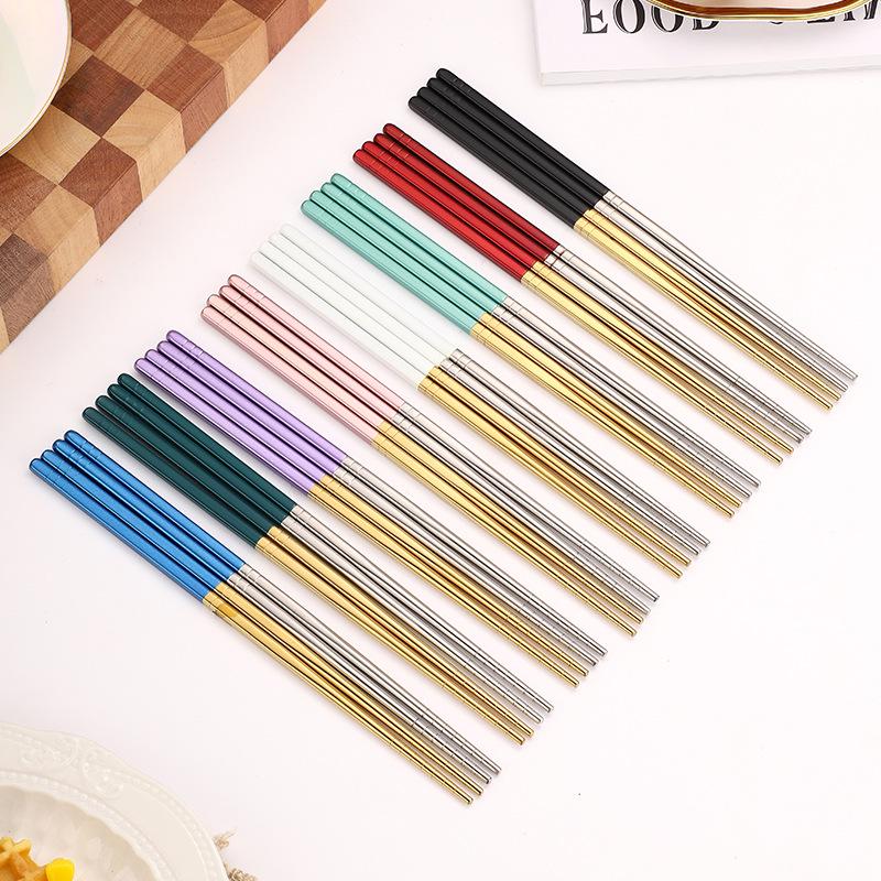 23,5 cm Korejské čtvercové protiskluzové hůlky z nerezové oceli 304 - Zlaté, Jeden pár, Přizpůsobitelné logo