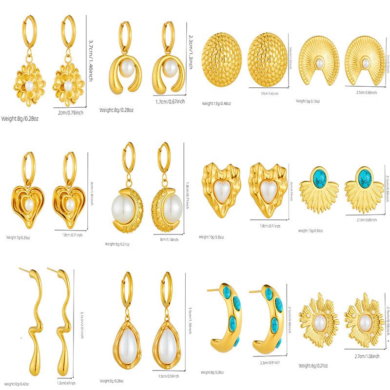 Vintage Heart Fan Shape Blue Turquoise Pearl Drop Earrings Necklace Set with Fashion Gold Accents