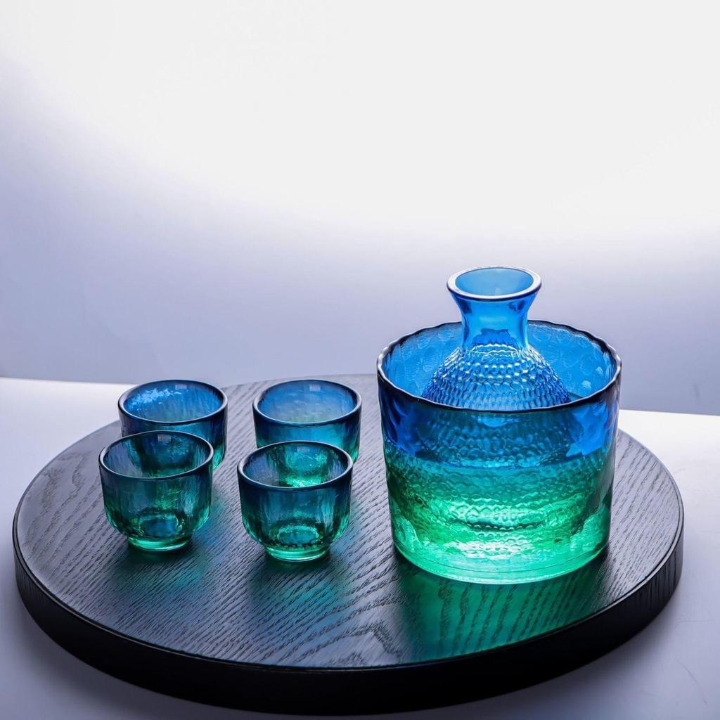 Japanese Golden Sake Decanter Set with Colored Wine Cups
