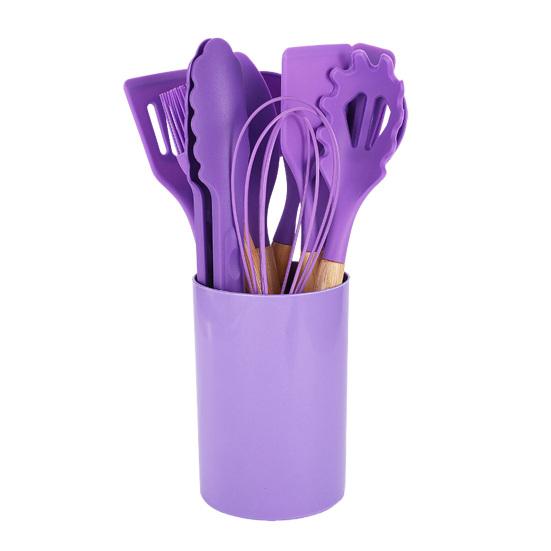 12Pcs Silicone Kitchenware Set Turner Spatula Spoon Non-Stick Heat Resistant Cooking Utensils with Wooden Handles Storage Bucket