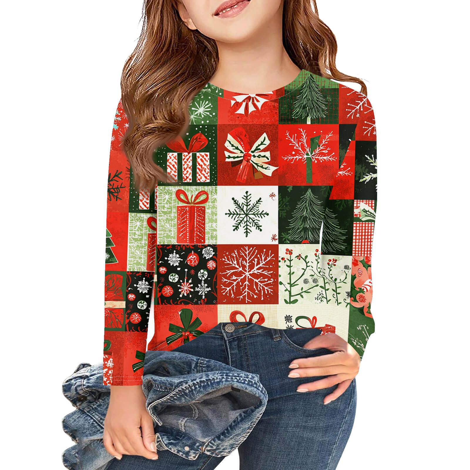 

Рождественские футболки с длинным рукавом для девочек, детские осенние топы с круглым вырезом и принтом, базовые футболки 160 арбуз красный