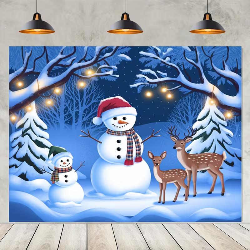 2D Christmas Snowman Scene Backdrop, Deer Family & Snowy Forest Photography Background