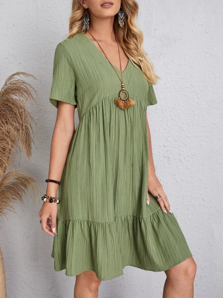 Women Solid Ruffles Mini Dresses Summer Casual Loose V Neck High Waist Dress Ladies Vintage Large Big Lace Dresses