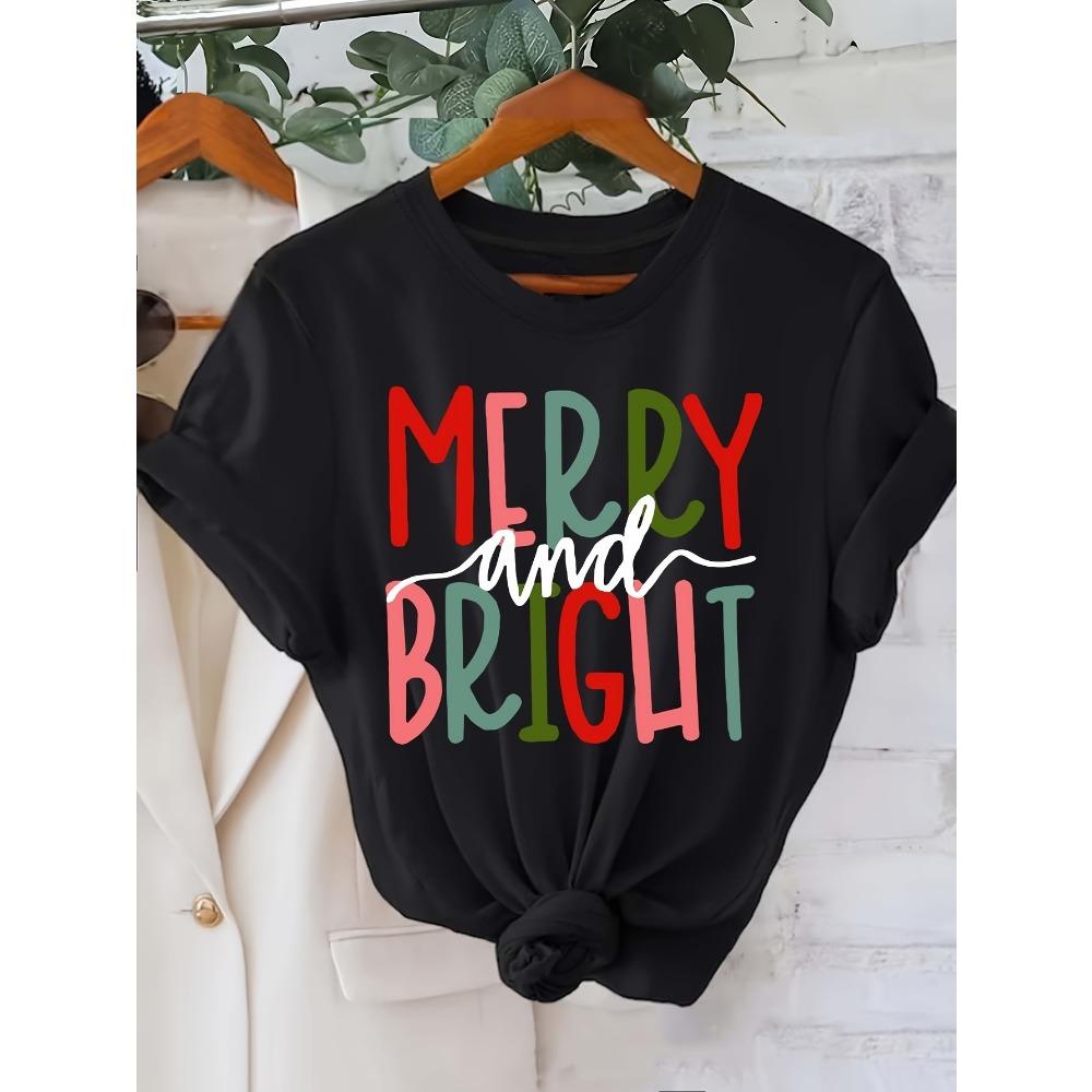 

Merry And Bright Women s Tee Colorful Christmas Graphic Casual Holiday Top S