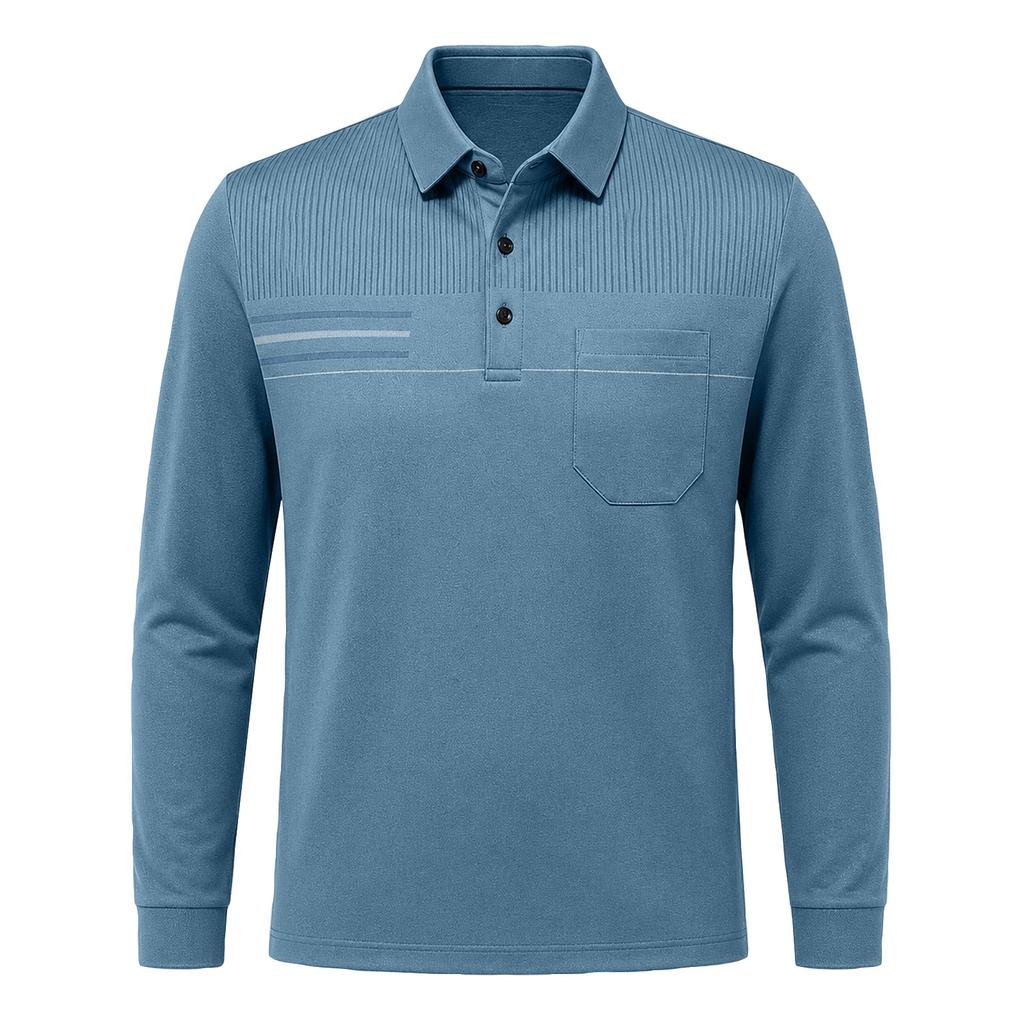 Men's Casual Loose Fit Long Sleeve Polo Shirt Button Down Collar Pocket Design Textured Upper Front Panel Comfortable Fabric
