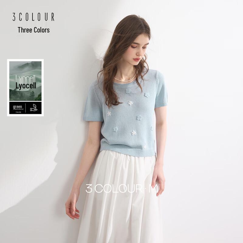 Sancai Floral Knit Short Sleeve Pullover Top S