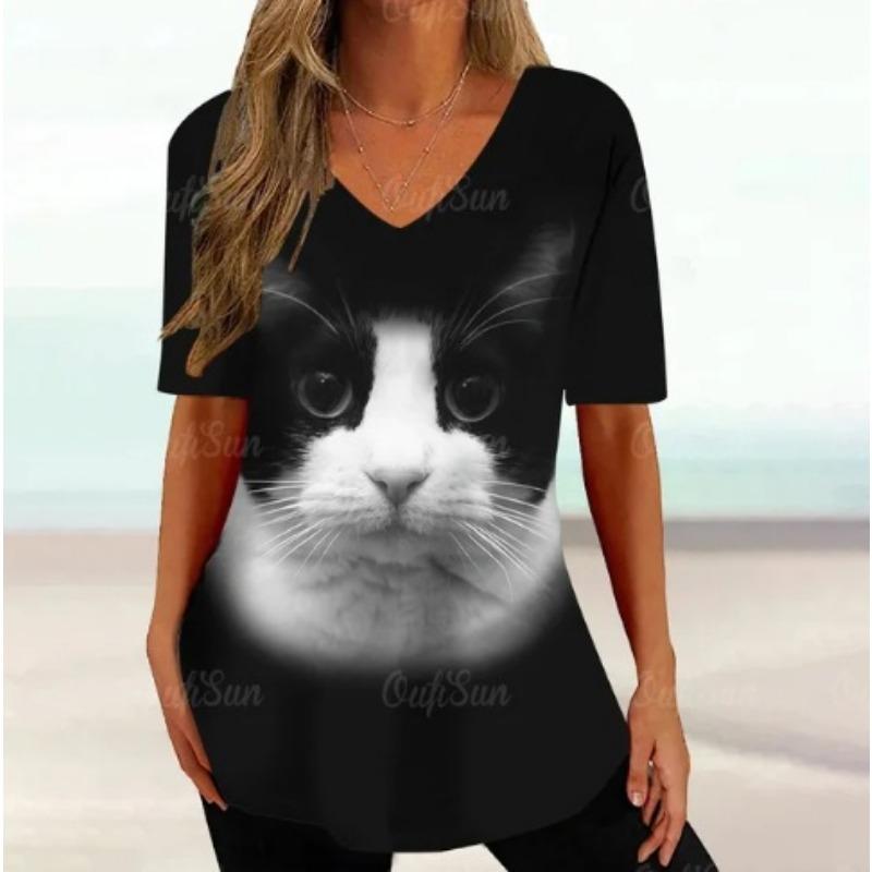 Summer V-neck 3D Cartoon Cat Printed Top Fashionable Casual Short Sleeved Women's T-shirts