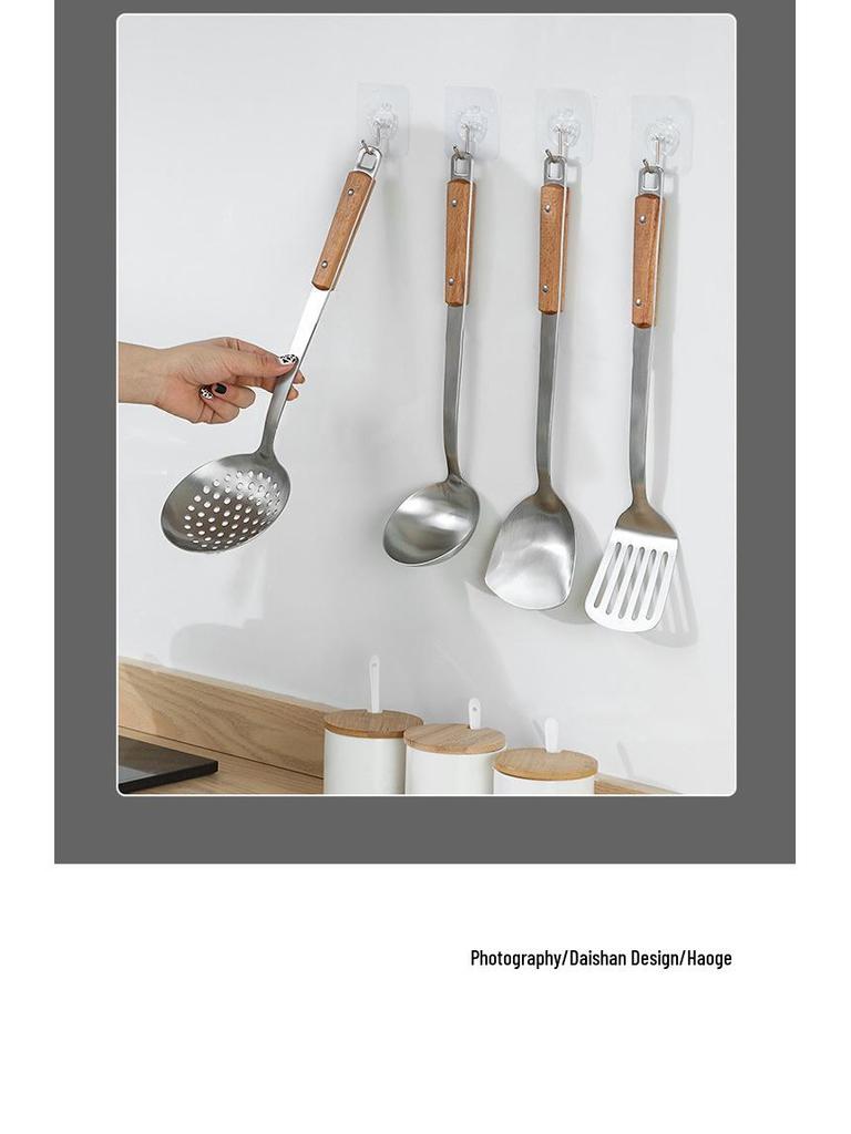 Stainless Steel Kitchen Utensil Set: Spatula, Frying Shovel, Soup Ladle & Slotted Spoon with Anti-Scald Wooden Handles.