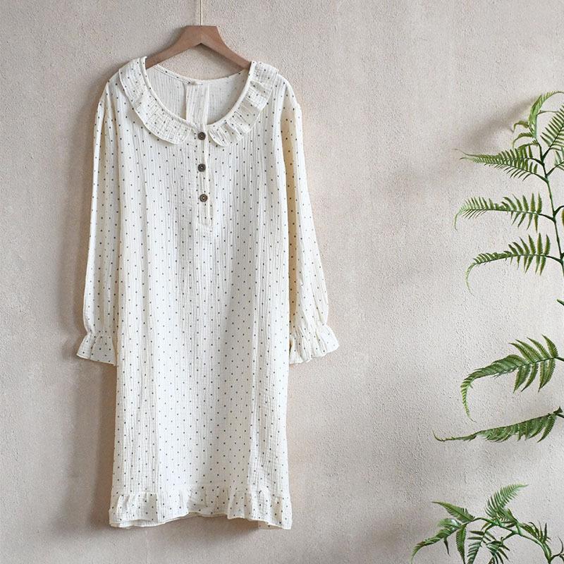 Cotton Double Gauze Nightdress Ladies Autumn Long Sleeve Dress Crepe Lace Doll Loungewear