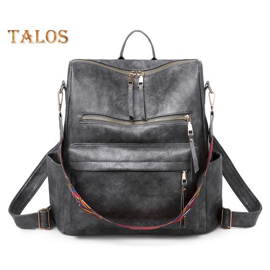 

Рюкзак из искусственной кожи с ручным ремешком, водонепроницаемый, гладкая поверхность, винтажный, большой емкости, однотонный, регулируемые ремни, несколько карманов, для путешествий и работы серый