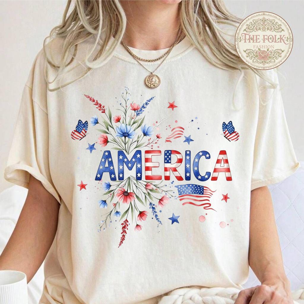 Watercolor America Floral Shirt, Patriotic Flower Tee, 1776-2026 USA Anniversary, Comfort Colors Patriotic Women Shirt, July 4th Family Gift