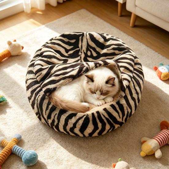 Plüsch-Katzenbett mit Kapuze, halbgeschlossenes beruhigendes Nest, selbstwärmende Höhle, gemütliches Bett für Wohnungskatzen oder kleine Hunde, abnehmbarer waschbarer Bezug mit