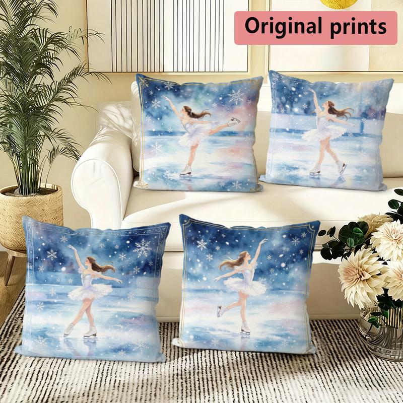 Watercolor Ice Skating Girl Throw Pillow Covers Pattern Cushion Cover Suitable for Sofa Bedroom Car Pillow Cover