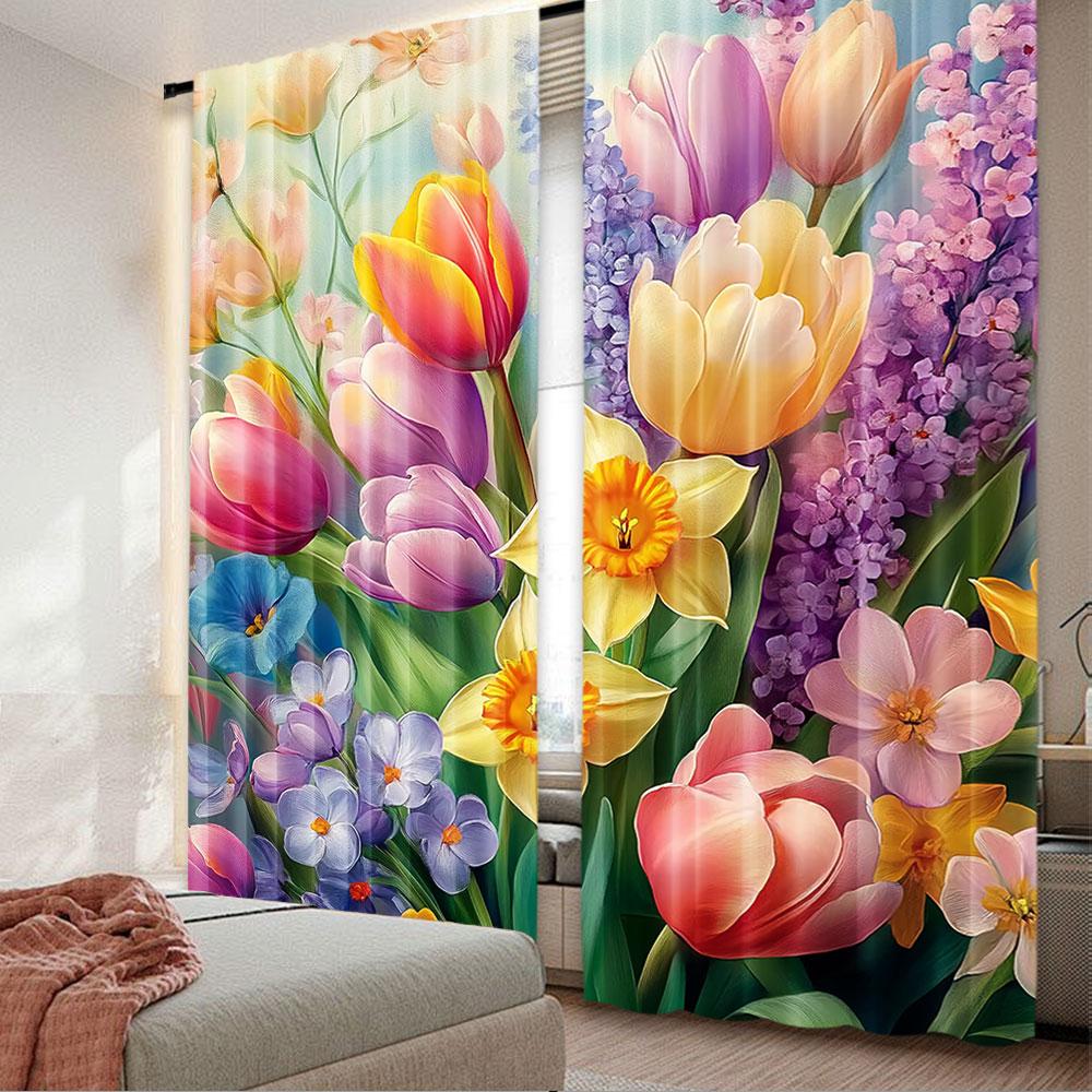 2Pcs Spring Curtain Colorful Dreamy Scenario Of Blooming Roses Lavender And Peony With Leaves Suitable For Bedroom Bathroom