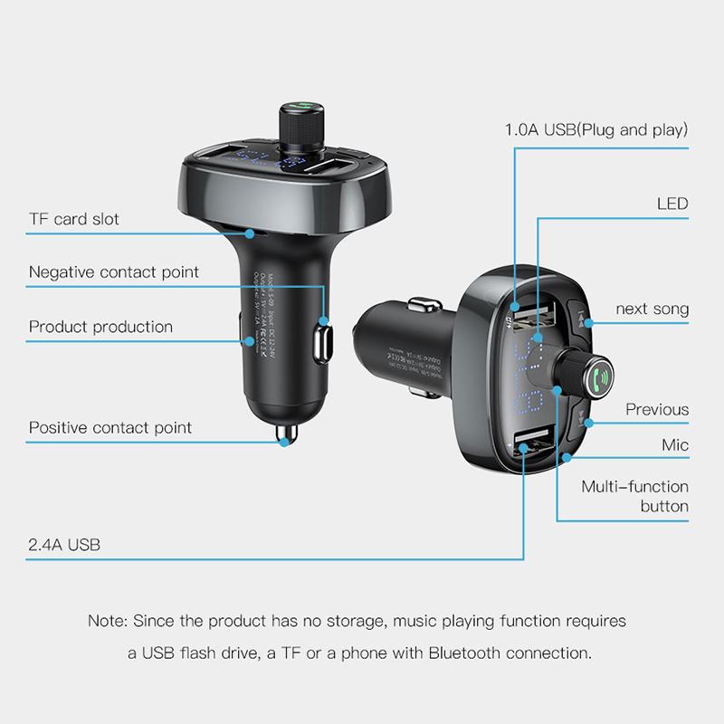 Trasmettitore FM Bluetooth Kit vivavoce per auto 3.4A Doppio USB Lettore audio MP3 Caricatore per auto Modulatore FM