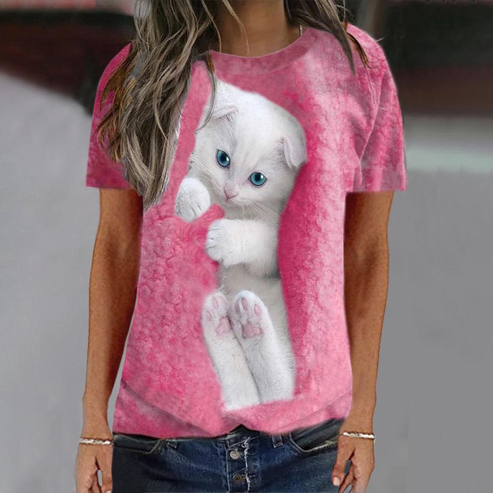 Women Cute Cat 3D Print Pattern T-shirts for Ladies and Girls Fashion Round Neck T-shirts Women's Short-sleeved Loose O-neck T-shirts